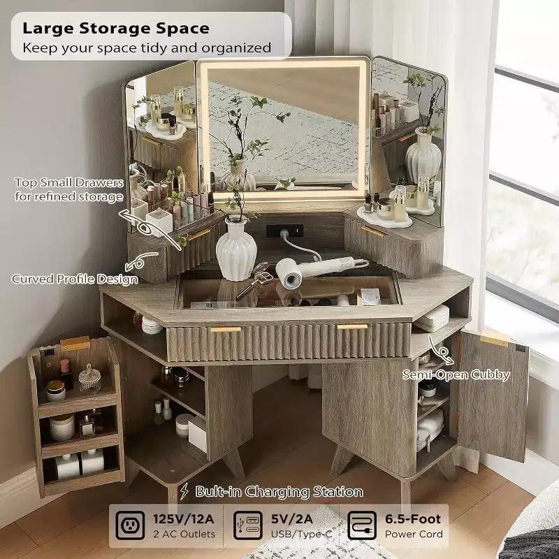 Corner Makeup Vanity Desk with LED Mirror & Charging Station, 48 Fluted Vanity Table with Glass Top & Storage Cabinets