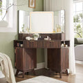 Corner Makeup Vanity Desk with LED Mirror & Charging Station, 48 Fluted Vanity Table with Glass Top & Storage Cabinets