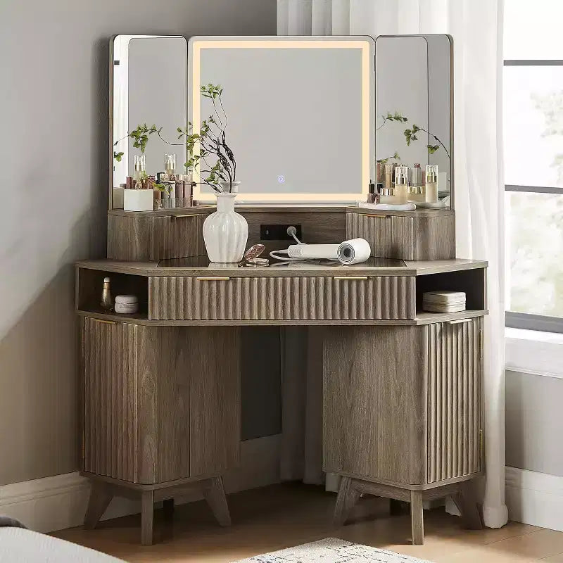 Corner Makeup Vanity Desk with LED Mirror & Charging Station, 48 Fluted Vanity Table with Glass Top & Storage Cabinets