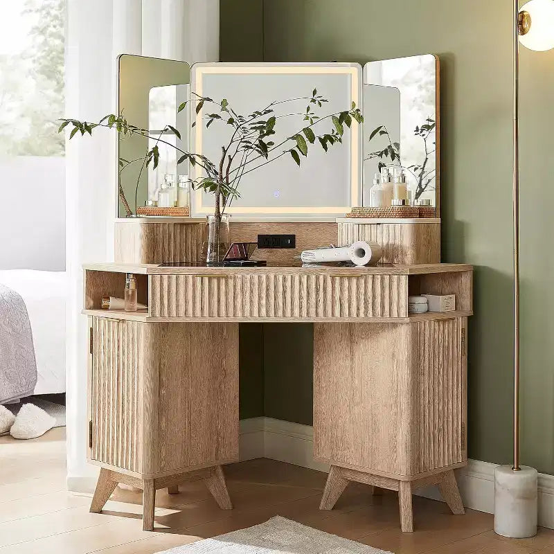 Corner Makeup Vanity Desk with LED Mirror & Charging Station, 48 Fluted Vanity Table with Glass Top & Storage Cabinets