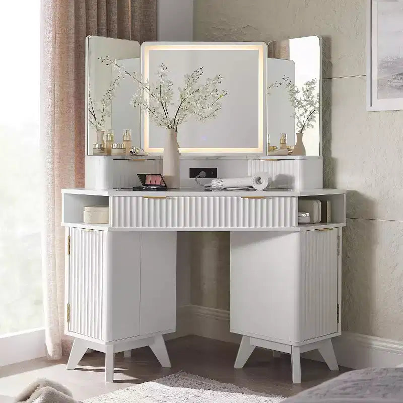 Corner Makeup Vanity Desk with LED Mirror & Charging Station, 48 Fluted Vanity Table with Glass Top & Storage Cabinets