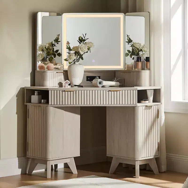 Corner Makeup Vanity Desk with LED Mirror & Charging Station, 48 Fluted Vanity Table with Glass Top & Storage Cabinets