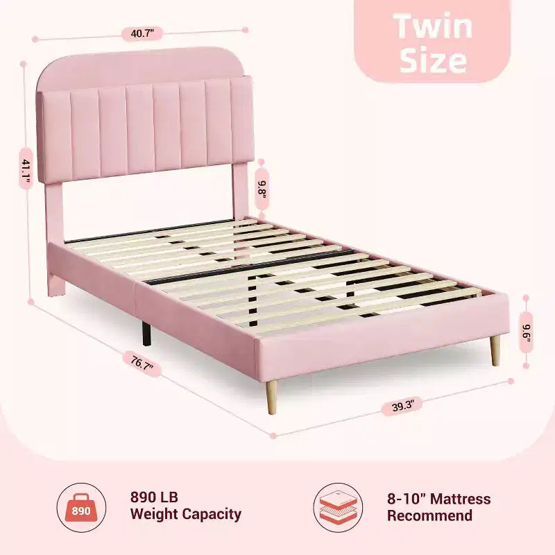Lit avec tête de lit de rangement, plateforme de lit rembourrée en velours pour enfants, lattes en bois robustes, sans bruit, assemblage facile, aucun sommier tapissier requis.