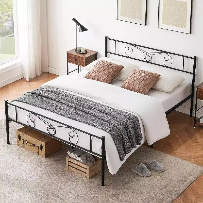 Metal King Bed Frames Platform Bed Frame, Iron-Art Headboard and Footboard, Steel Slats, Under Bed Storage, Noise Free, No Box Spring Needed, Black