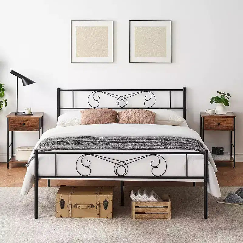 Metal King Bed Frames Platform Bed Frame, Iron-Art Headboard and Footboard, Steel Slats, Under Bed Storage, Noise Free, No Box Spring Needed, Black