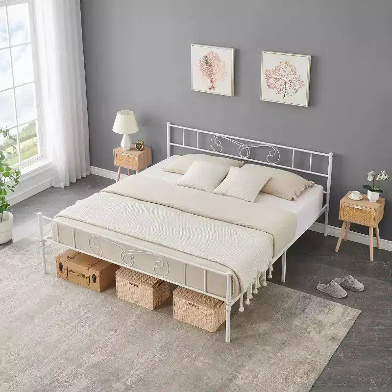 Metal King Bed Frames Platform Bed Frame, Iron-Art Headboard and Footboard, Steel Slats, Under Bed Storage, Noise Free, No Box Spring Needed, Black