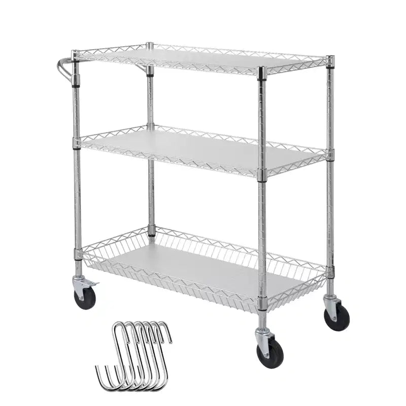 VEVOR Kitchen Utility Cart, 3 Tiers, Wire Rolling Cart with 661LBS Capacity, Metal Storage Trolley with 80mm Basket Curved Handle PP Liner 6 Hooks