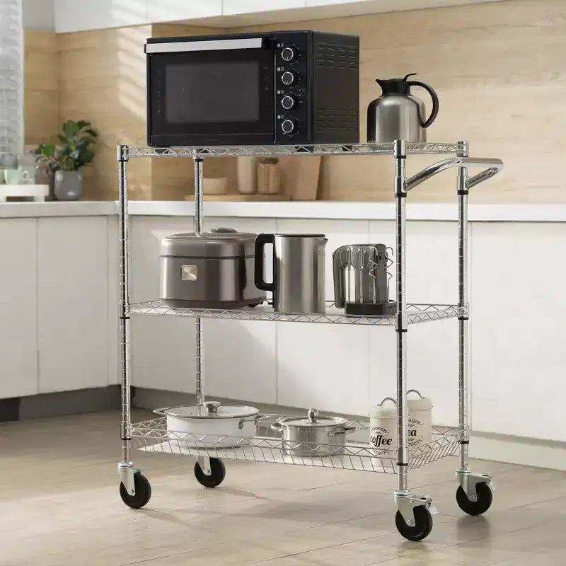 3-Tier Wire Rolling Kitchen Utility Cart, 661LBS Capacity, Curved Handle, PP Liner & 6 Hooks