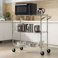 3-Tier Wire Rolling Kitchen Utility Cart, 661LBS Capacity, Curved Handle, PP Liner & 6 Hooks