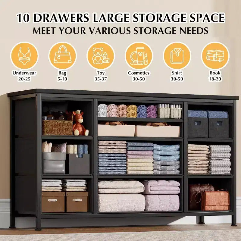 Commode à 10 tiroirs et meuble TV avec prise de courant, Rangement de chambre avec cadre en métal pour TV 55 pouces, Entrée, Placard