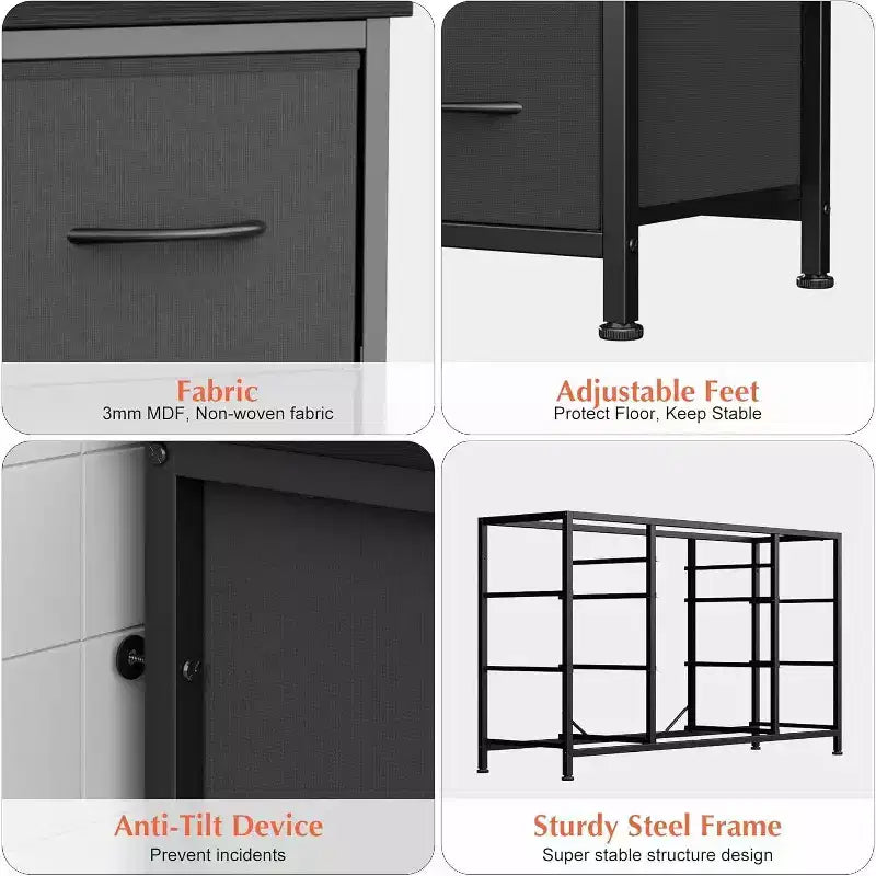 Commode à 10 tiroirs et meuble TV avec prise de courant, Rangement de chambre avec cadre en métal pour TV 55 pouces, Entrée, Placard