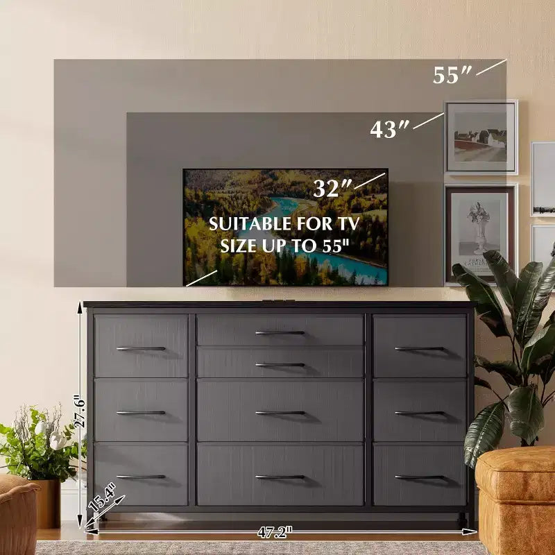 Commode à 10 tiroirs et meuble TV avec prise de courant, Rangement de chambre avec cadre en métal pour TV 55 pouces, Entrée, Placard