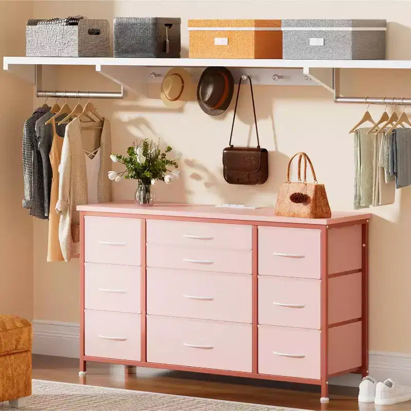 Commode à 10 tiroirs et meuble TV avec prise de courant, Rangement de chambre avec cadre en métal pour TV 55 pouces, Entrée, Placard
