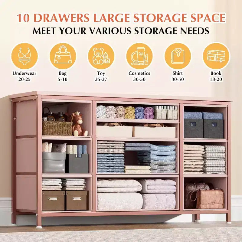 Commode à 10 tiroirs et meuble TV avec prise de courant, Rangement de chambre avec cadre en métal pour TV 55 pouces, Entrée, Placard