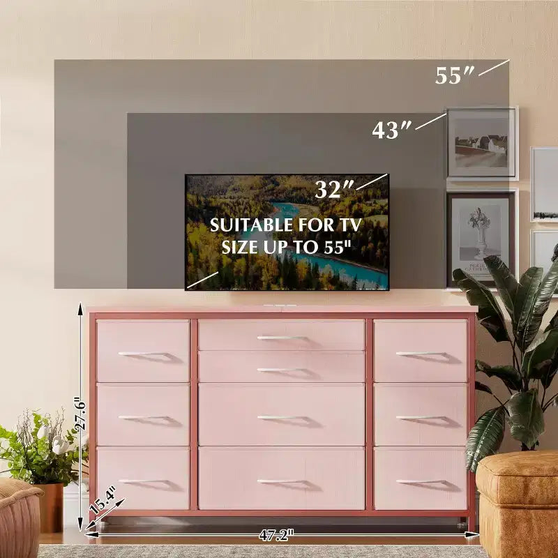 Commode à 10 tiroirs et meuble TV avec prise de courant, Rangement de chambre avec cadre en métal pour TV 55 pouces, Entrée, Placard