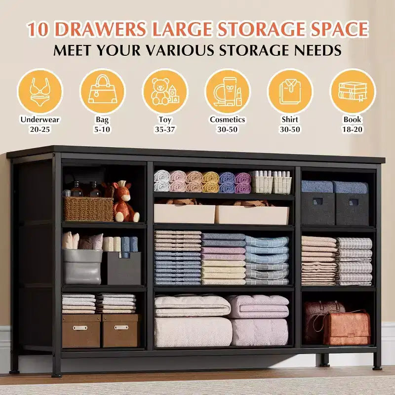 Commode à 10 tiroirs et meuble TV avec prise de courant, Rangement de chambre avec cadre en métal pour TV 55 pouces, Entrée, Placard