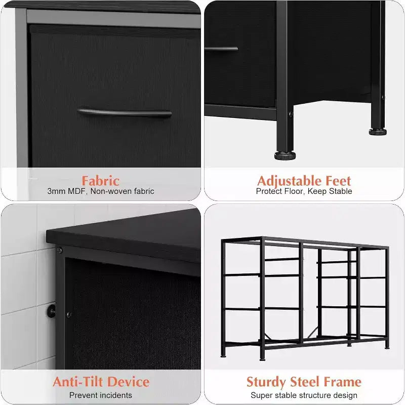 Commode à 10 tiroirs et meuble TV avec prise de courant, Rangement de chambre avec cadre en métal pour TV 55 pouces, Entrée, Placard