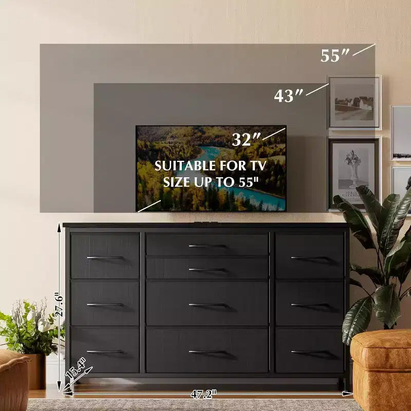 Commode à 10 tiroirs et meuble TV avec prise de courant, Rangement de chambre avec cadre en métal pour TV 55 pouces, Entrée, Placard