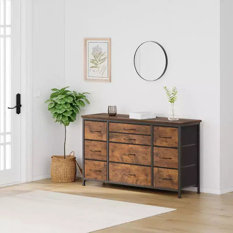 Commode à 10 tiroirs et meuble TV avec prise de courant, Rangement de chambre avec cadre en métal pour TV 55 pouces, Entrée, Placard