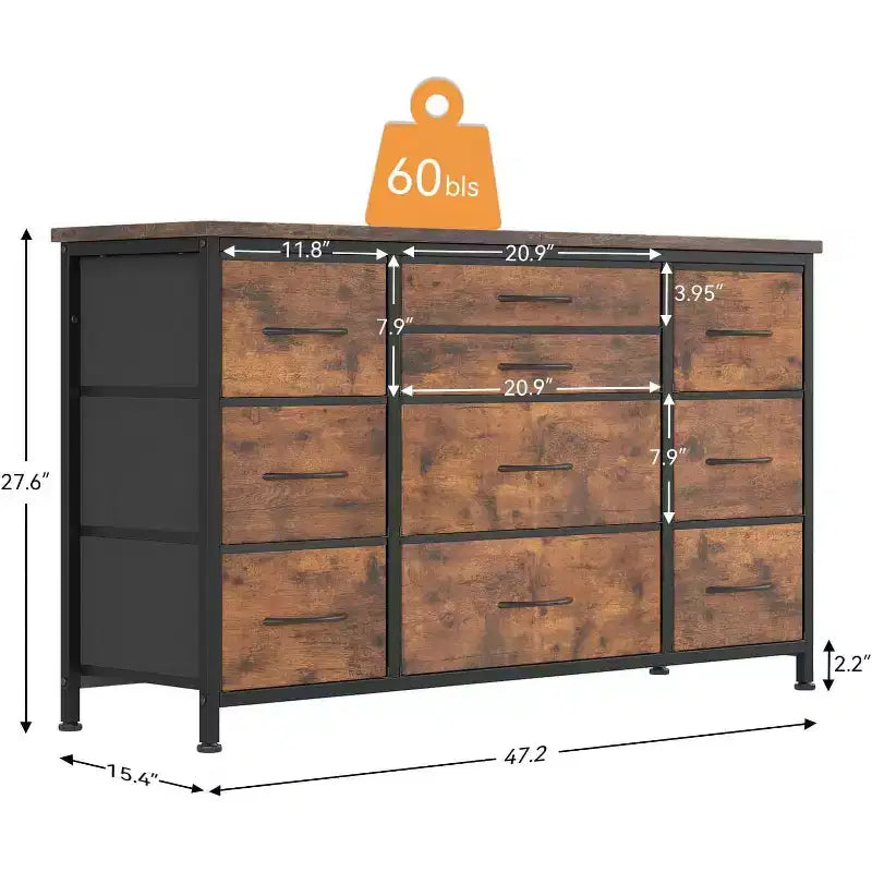 Commode à 10 tiroirs et meuble TV avec prise de courant, Rangement de chambre avec cadre en métal pour TV 55 pouces, Entrée, Placard