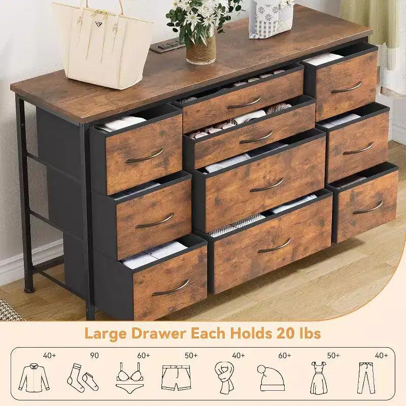Commode à 10 tiroirs et meuble TV avec prise de courant, Rangement de chambre avec cadre en métal pour TV 55 pouces, Entrée, Placard