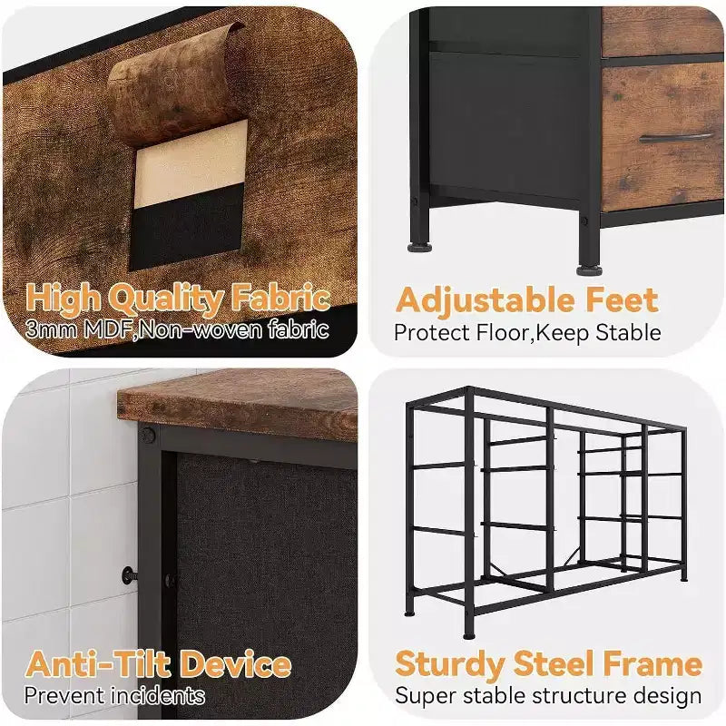 Commode à 10 tiroirs et meuble TV avec prise de courant, Rangement de chambre avec cadre en métal pour TV 55 pouces, Entrée, Placard