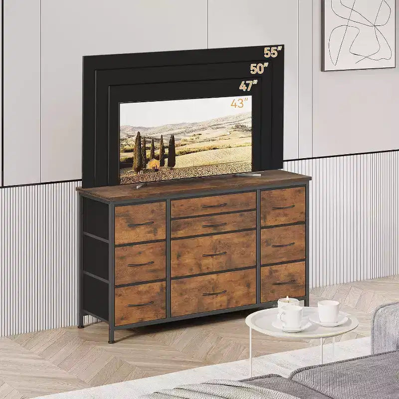 Commode à 10 tiroirs et meuble TV avec prise de courant, Rangement de chambre avec cadre en métal pour TV 55 pouces, Entrée, Placard