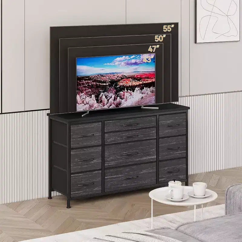 10-Drawer Dresser & TV Stand with Power Outlet, Bedroom Storage with Metal Frame for 55'' TV, Entryway, Closet