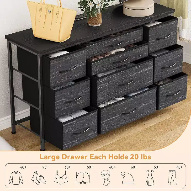10-Drawer Dresser & TV Stand with Power Outlet, Bedroom Storage with Metal Frame for 55'' TV, Entryway, Closet