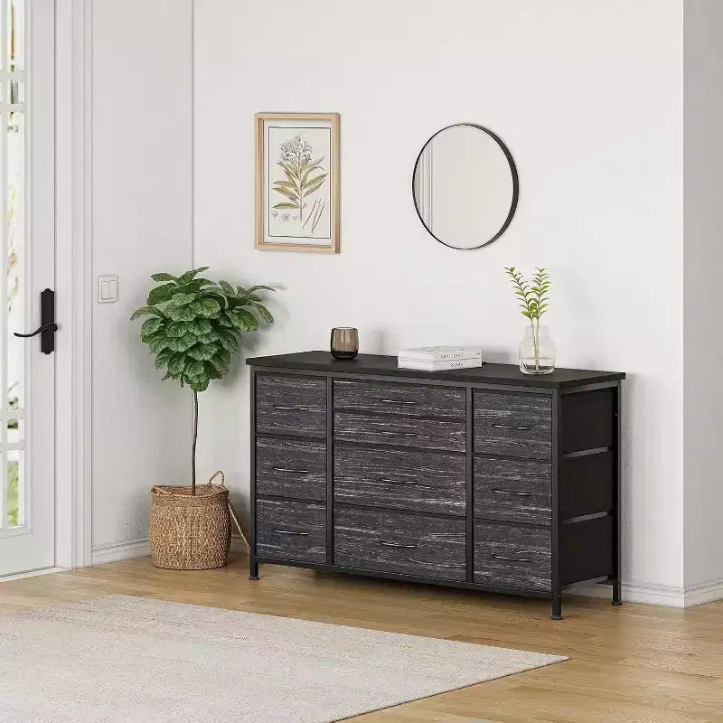 Commode à 10 tiroirs et meuble TV avec prise de courant, Rangement de chambre avec cadre en métal pour TV 55 pouces, Entrée, Placard