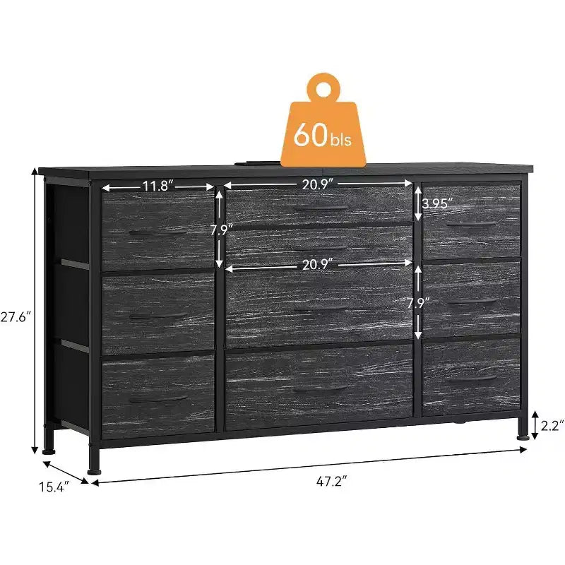 Commode à 10 tiroirs et meuble TV avec prise de courant, Rangement de chambre avec cadre en métal pour TV 55 pouces, Entrée, Placard