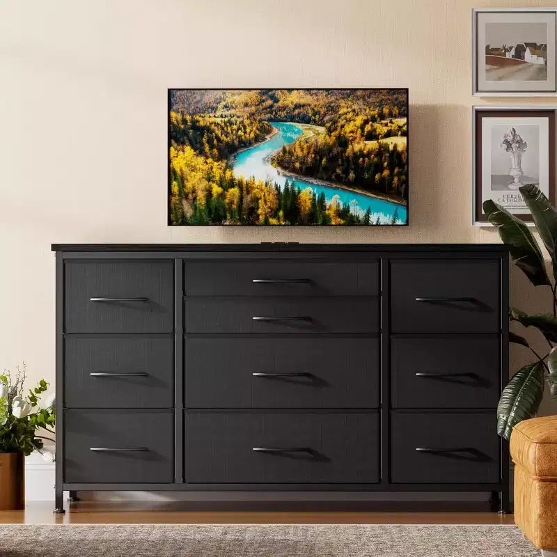 10-Drawer Dresser & TV Stand with Power Outlet, Bedroom Storage with Metal Frame for 55'' TV, Entryway, Closet