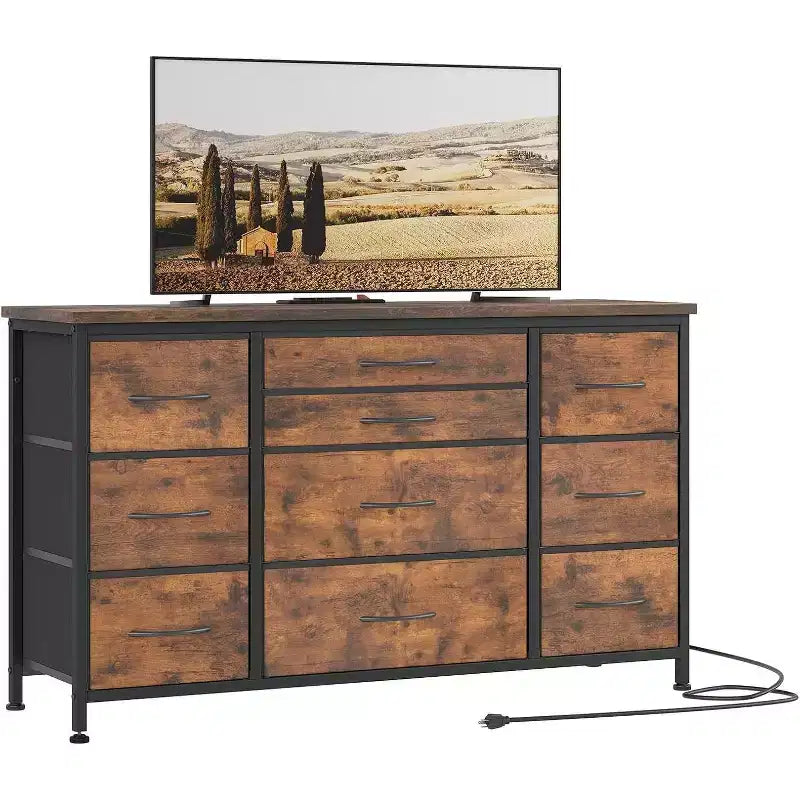 10-Drawer Dresser & TV Stand with Power Outlet, Bedroom Storage with Metal Frame for 55'' TV, Entryway, Closet