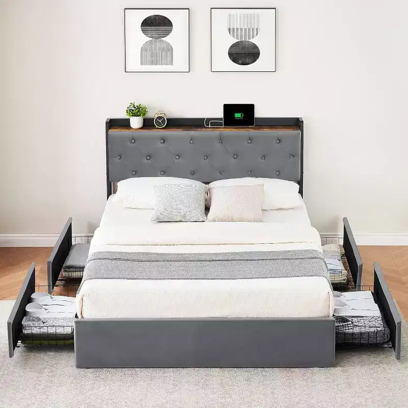 Full Size Bed Frame with Charging Station, 4 Storage Drawers, Gray Velvet Upholstered, No Box Spring Needed, Strong Wooden Slats