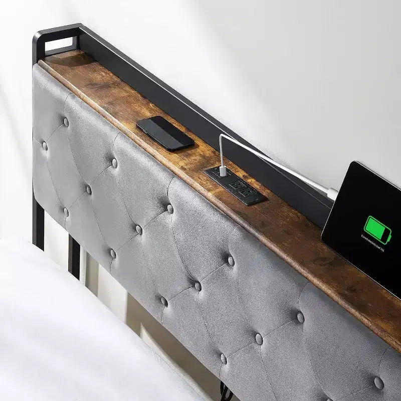 Full Size Bed Frame with Charging Station, 4 Storage Drawers, Gray Velvet Upholstered, No Box Spring Needed, Strong Wooden Slats