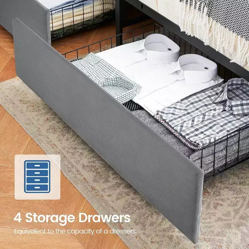 Full Size Bed Frame with Charging Station, 4 Storage Drawers, Gray Velvet Upholstered, No Box Spring Needed, Strong Wooden Slats