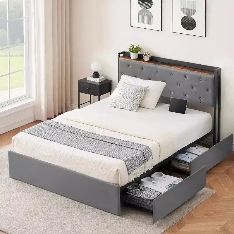 Full Size Bed Frame with Charging Station, 4 Storage Drawers, Gray Velvet Upholstered, No Box Spring Needed, Strong Wooden Slats