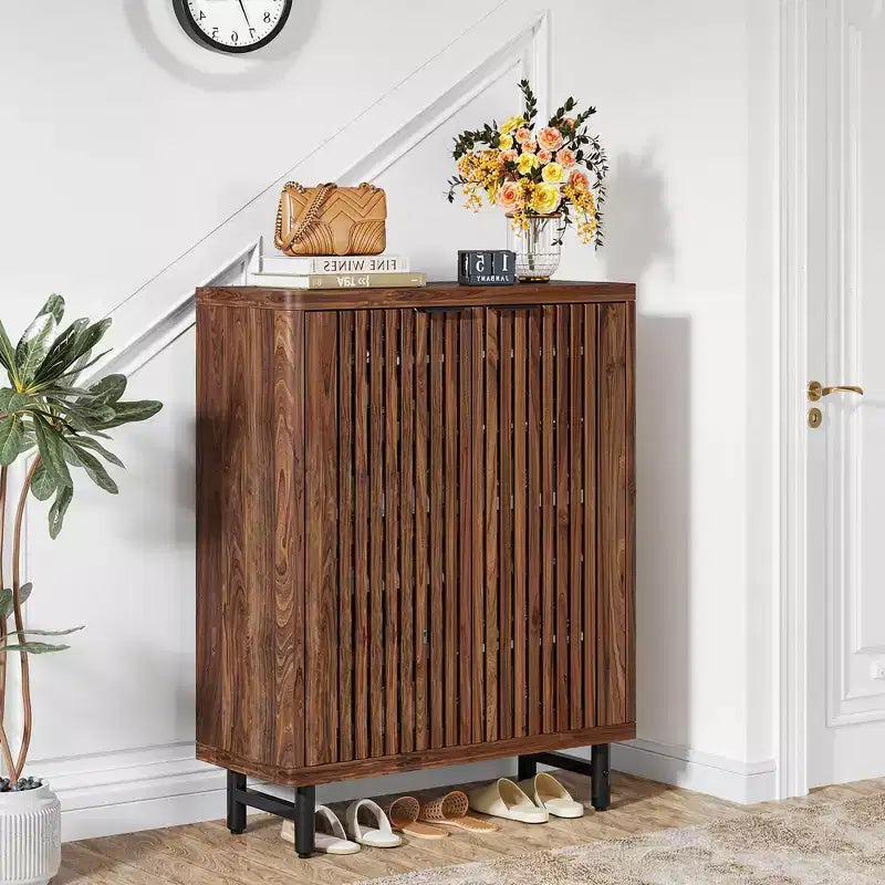 Dark Walnut Breathable Louvered Shoe Cabinet, Ventilated Wooden Shoe Storage for Entryway