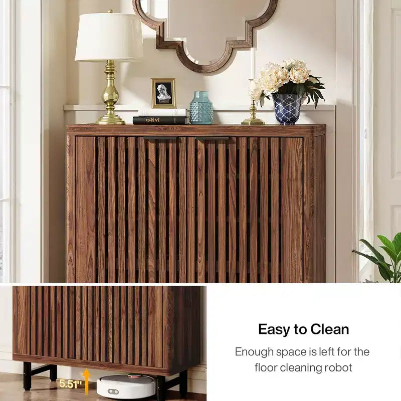 Dark Walnut Breathable Louvered Shoe Cabinet, Ventilated Wooden Shoe Storage for Entryway