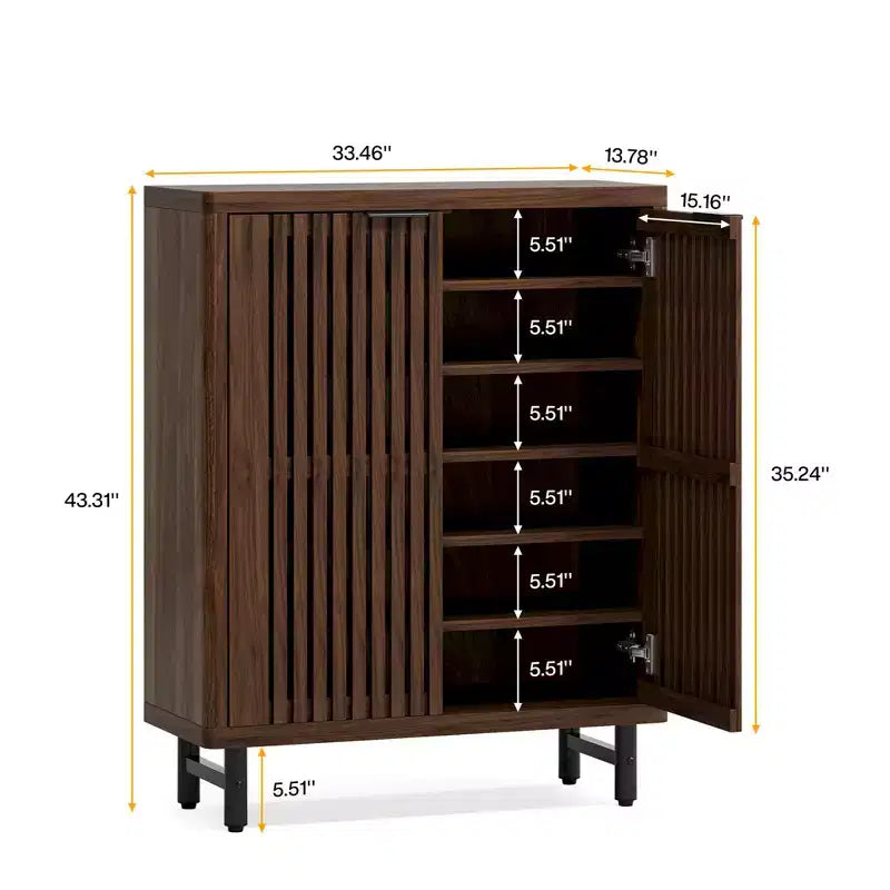 Dark Walnut Breathable Louvered Shoe Cabinet, Ventilated Wooden Shoe Storage for Entryway