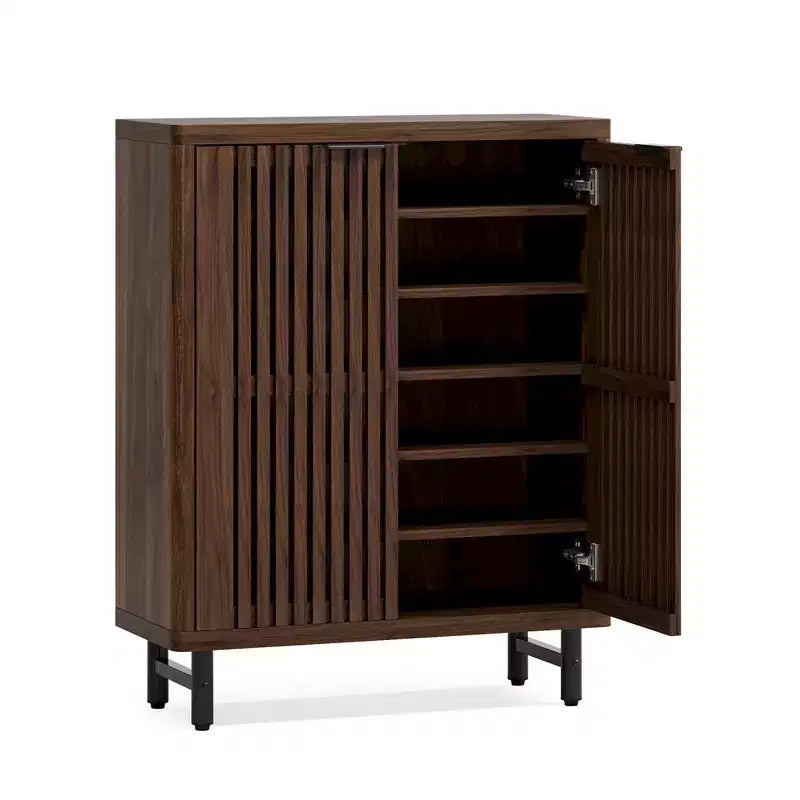 Dark Walnut Breathable Louvered Shoe Cabinet, Ventilated Wooden Shoe Storage for Entryway