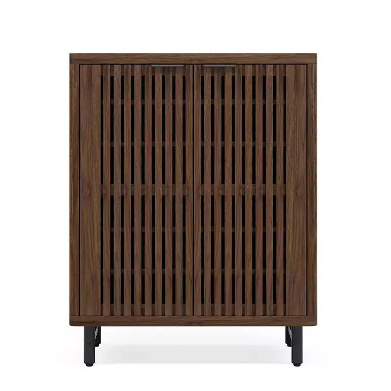 Dark Walnut Breathable Louvered Shoe Cabinet, Ventilated Wooden Shoe Storage for Entryway