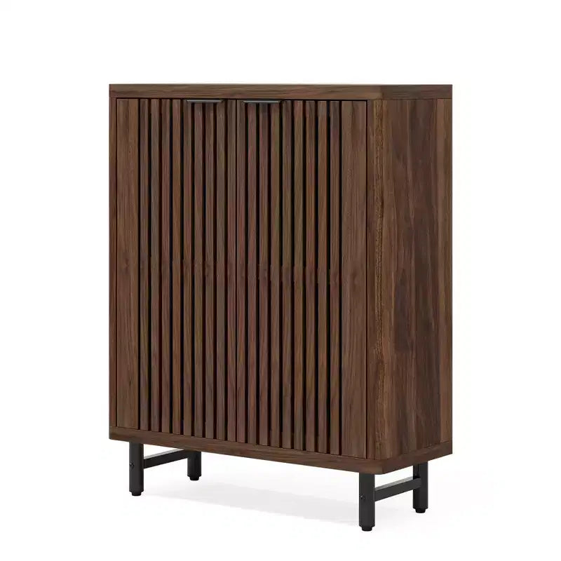 Dark Walnut Breathable Louvered Shoe Cabinet, Ventilated Wooden Shoe Storage for Entryway