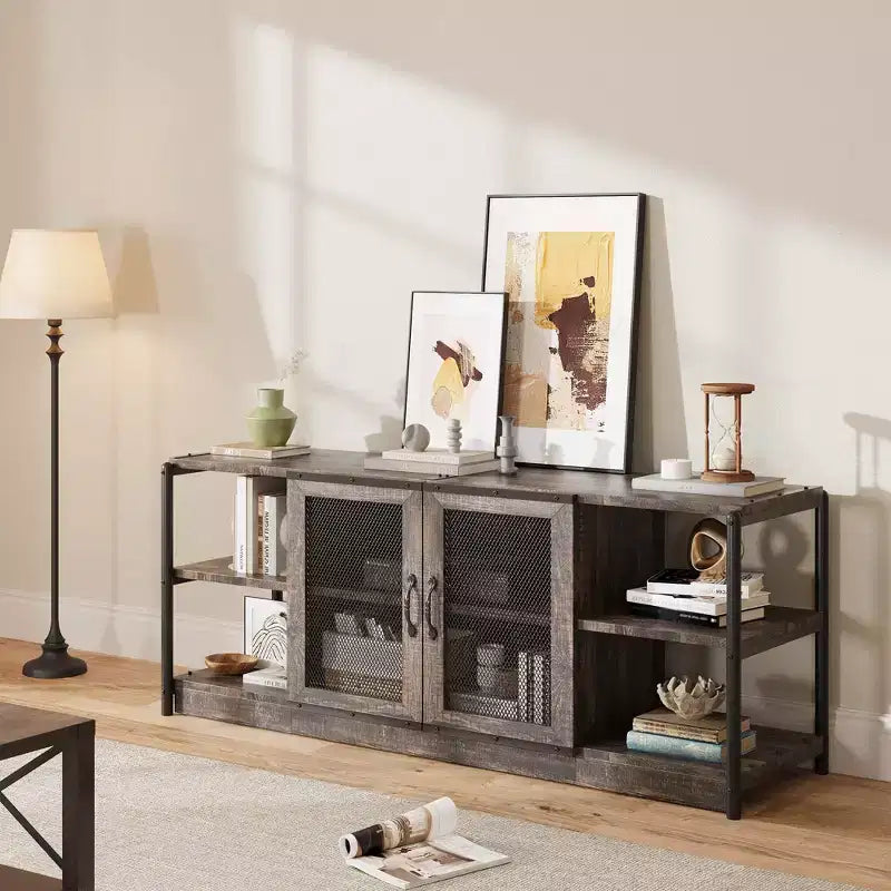 Farmhouse TV Stand for 65/75 Inch TVs, Entertainment Center With Storage Cabinet and Mesh Doors, Industrial Media Console Table for Living Room