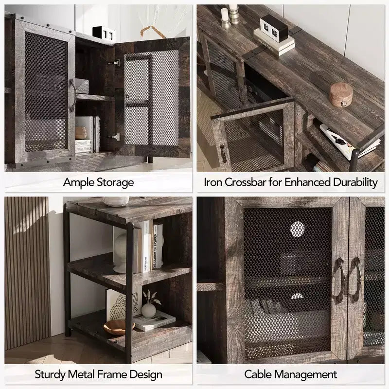 Farmhouse TV Stand for 65/75 Inch TVs, Entertainment Center With Storage Cabinet and Mesh Doors, Industrial Media Console Table for Living Room