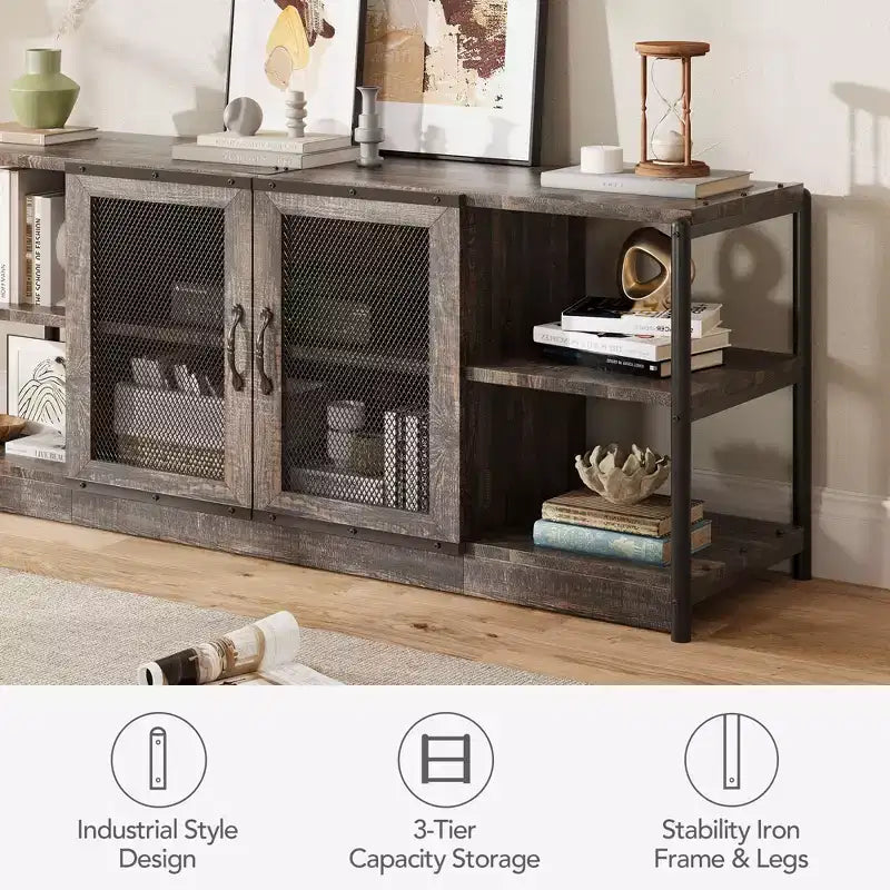 Farmhouse TV Stand for 65/75 Inch TVs, Entertainment Center With Storage Cabinet and Mesh Doors, Industrial Media Console Table for Living Room