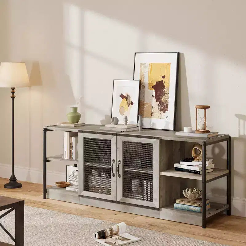 Farmhouse TV Stand for 65/75 Inch TVs, Entertainment Center With Storage Cabinet and Mesh Doors, Industrial Media Console Table for Living Room