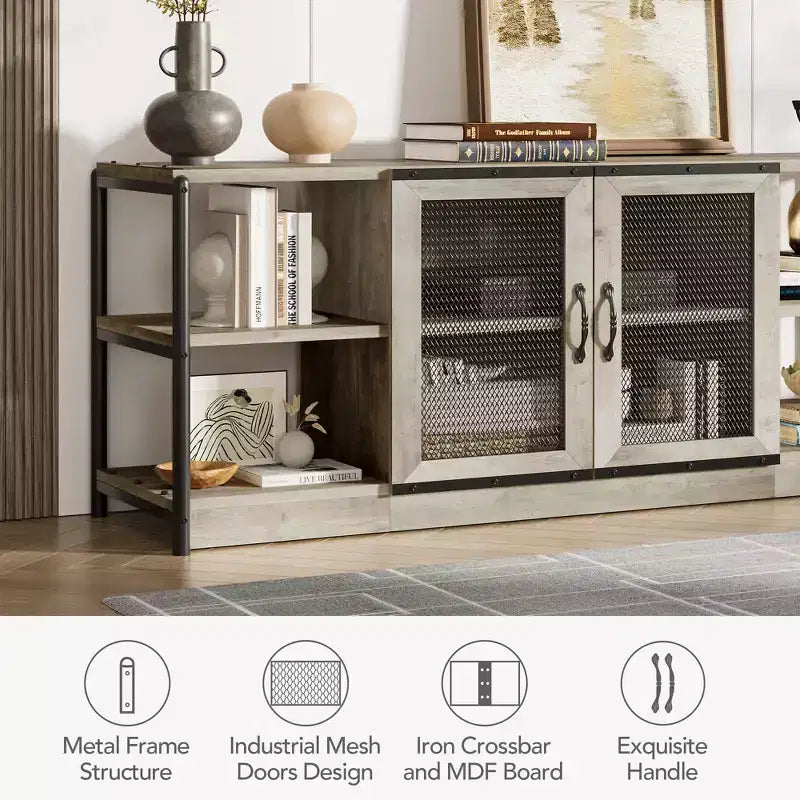Farmhouse TV Stand for 65/75 Inch TVs, Entertainment Center With Storage Cabinet and Mesh Doors, Industrial Media Console Table for Living Room