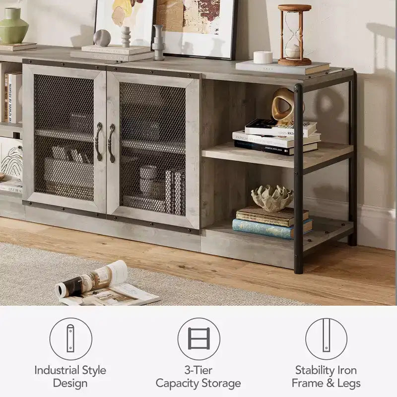Farmhouse TV Stand for 65/75 Inch TVs, Entertainment Center With Storage Cabinet and Mesh Doors, Industrial Media Console Table for Living Room