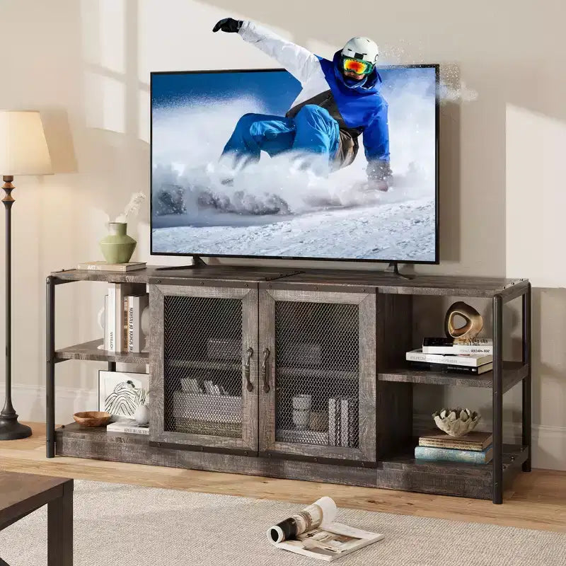 Farmhouse TV Stand for 65/75 Inch TVs, Entertainment Center With Storage Cabinet and Mesh Doors, Industrial Media Console Table for Living Room